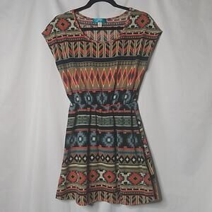 Buttons Cap Sleeve Tribal Mini Dress Medium